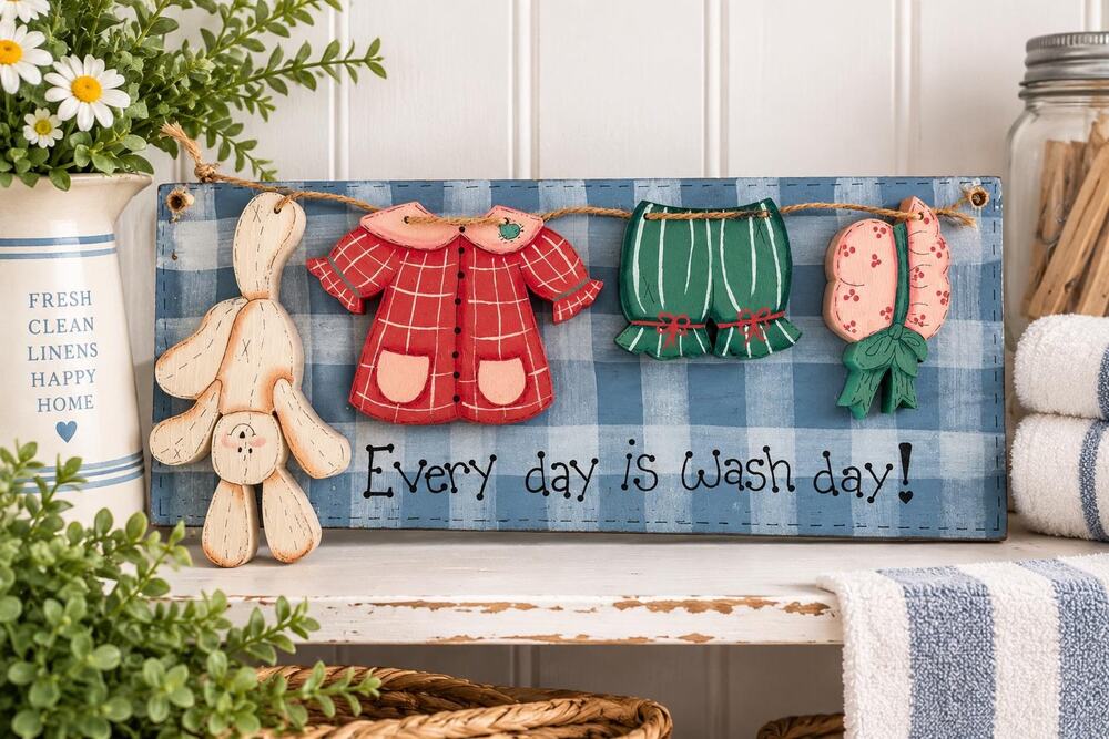 Vintage Primitive Wood Laundry Sign Bunny Clothesline Folk Art Farmhouse Decor